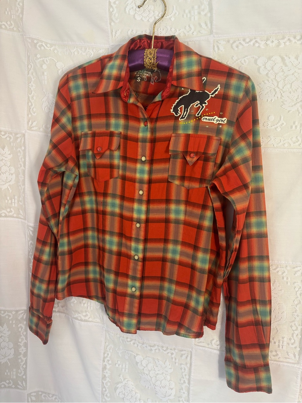 Orange Plaid Beaded Embellished Cowgirl Western Pearl Snap Button Up Size S - Picture 13 of 14